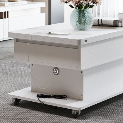 HMR - Modern White Power Lift Height Multifunctional Coffee Table Extendable 2 Drawers USB