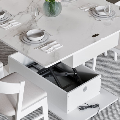 HMR - Modern White Power Lift Height Multifunctional Coffee Table Extendable 2 Drawers USB