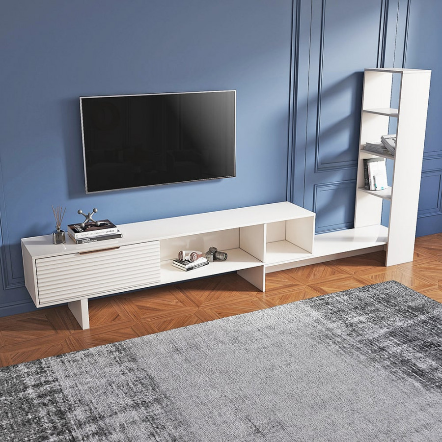HMR - Modern White Retracted & Extendable TV Stand Wood Entertainment Center with Bookshelves