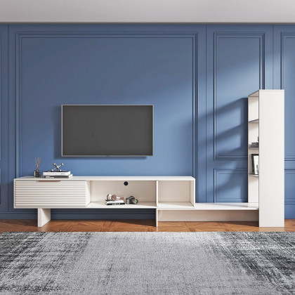 HMR - Modern White Retracted & Extendable TV Stand Wood Entertainment Center with Bookshelves