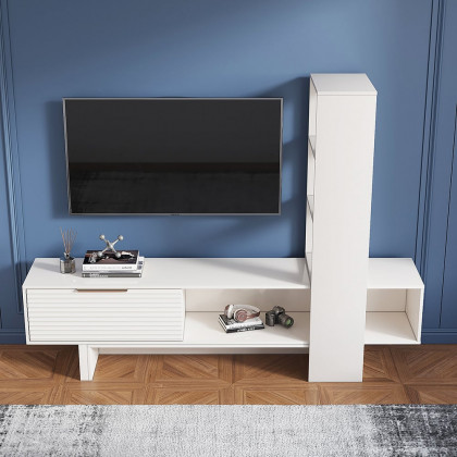HMR - Modern White Retracted & Extendable TV Stand Wood Entertainment Center with Bookshelves