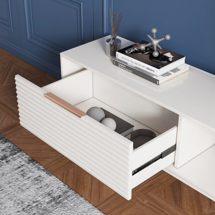 HMR - Modern White Retracted & Extendable TV Stand Wood Entertainment Center with Bookshelves