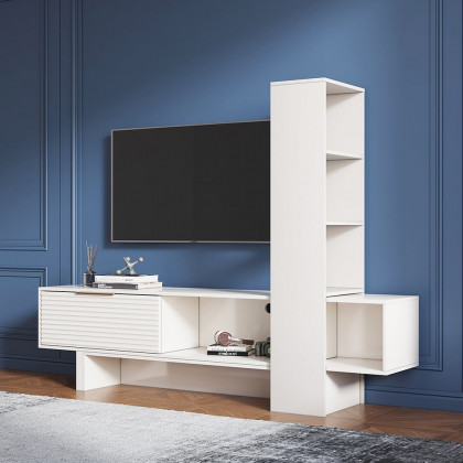 HMR - Modern White Retracted & Extendable TV Stand Wood Entertainment Center with Bookshelves
