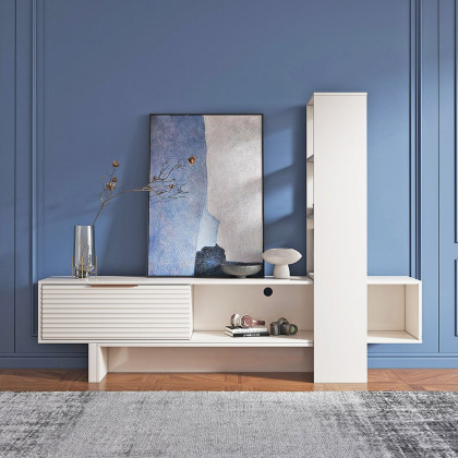 HMR - Modern White Retracted & Extendable TV Stand Wood Entertainment Center with Bookshelves