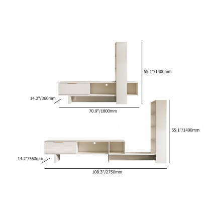 HMR - Modern White Retracted & Extendable TV Stand Wood Entertainment Center with Bookshelves