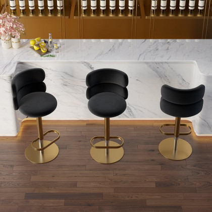 HMR Affordable Luxury Modern Adjustable Swivel Bar Stools with Velvet Upholstery - Black, 4-Pieces