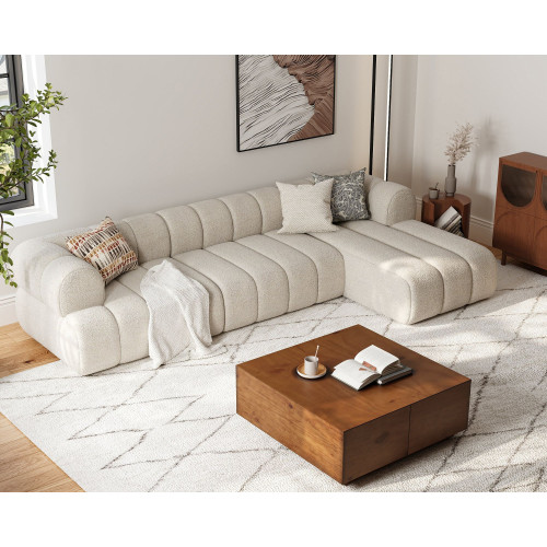 HMR 118" Channel Sherpa Linen Sectional Sofa & Coffee Table Concrete Set - Beige, Style B