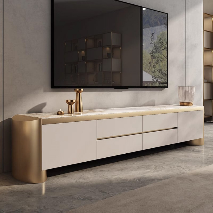 HMR - Modern 78.7" Off White & Gold TV Stand Sintered Stone Top with Storage for TVs up to 85"