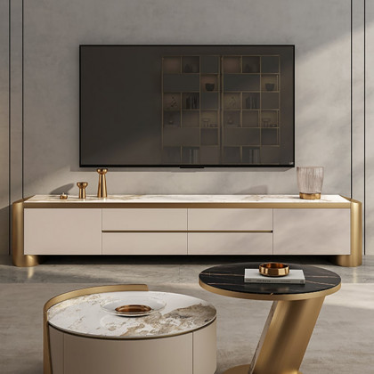HMR - Modern 78.7" Off White & Gold TV Stand Sintered Stone Top with Storage for TVs up to 85"