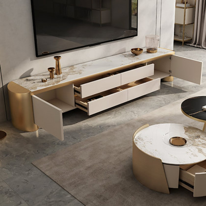 HMR - Modern 78.7" Off White & Gold TV Stand Sintered Stone Top with Storage for TVs up to 85"