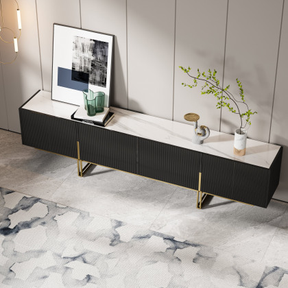 HMR Grovyn Sintered Stone Top Fluted TV Stand with Storage - Black, 94.5"W x 17.7"D x 23.6"H, Without Fireplace