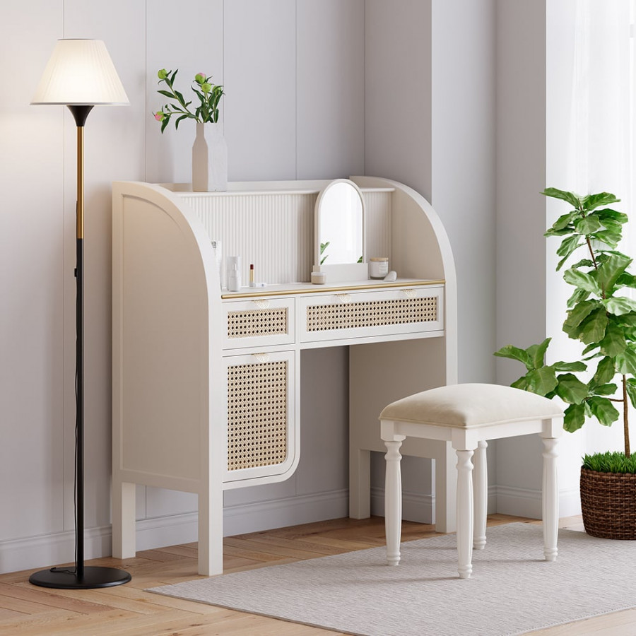 HMR - Farmhouse White Makeup Vanity Set Rattan Dressing Table with Stool & Mirror