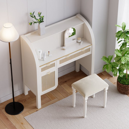 HMR - Farmhouse White Makeup Vanity Set Rattan Dressing Table with Stool & Mirror
