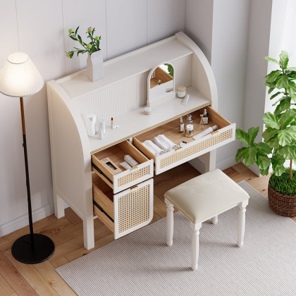 HMR - Farmhouse White Makeup Vanity Set Rattan Dressing Table with Stool & Mirror
