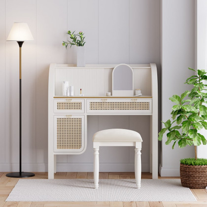 HMR - Farmhouse White Makeup Vanity Set Rattan Dressing Table with Stool & Mirror