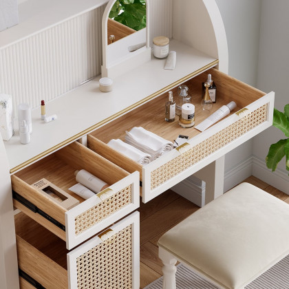 HMR - Farmhouse White Makeup Vanity Set Rattan Dressing Table with Stool & Mirror