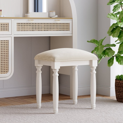 HMR - Farmhouse White Makeup Vanity Set Rattan Dressing Table with Stool & Mirror