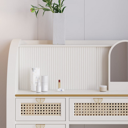 HMR - Farmhouse White Makeup Vanity Set Rattan Dressing Table with Stool & Mirror