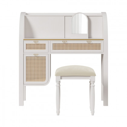 HMR - Farmhouse White Makeup Vanity Set Rattan Dressing Table with Stool & Mirror