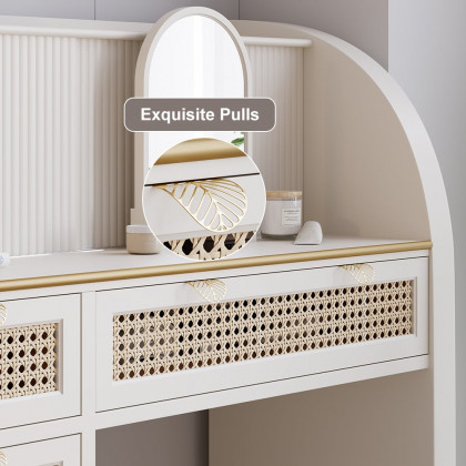 HMR - Farmhouse White Makeup Vanity Set Rattan Dressing Table with Stool & Mirror
