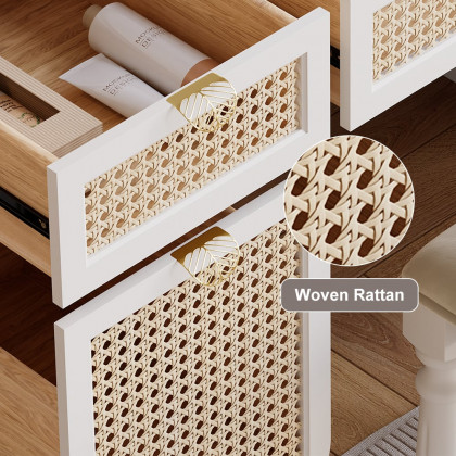 HMR - Farmhouse White Makeup Vanity Set Rattan Dressing Table with Stool & Mirror
