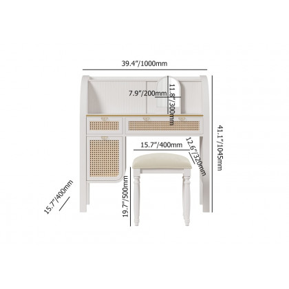 HMR - Farmhouse White Makeup Vanity Set Rattan Dressing Table with Stool & Mirror