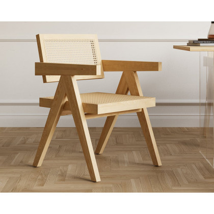 HMR Archic Japandi Bleached Wood Rattan Dining Chair with Solid Wood Frame - Natural, Without Upholstery, 8-Pieces