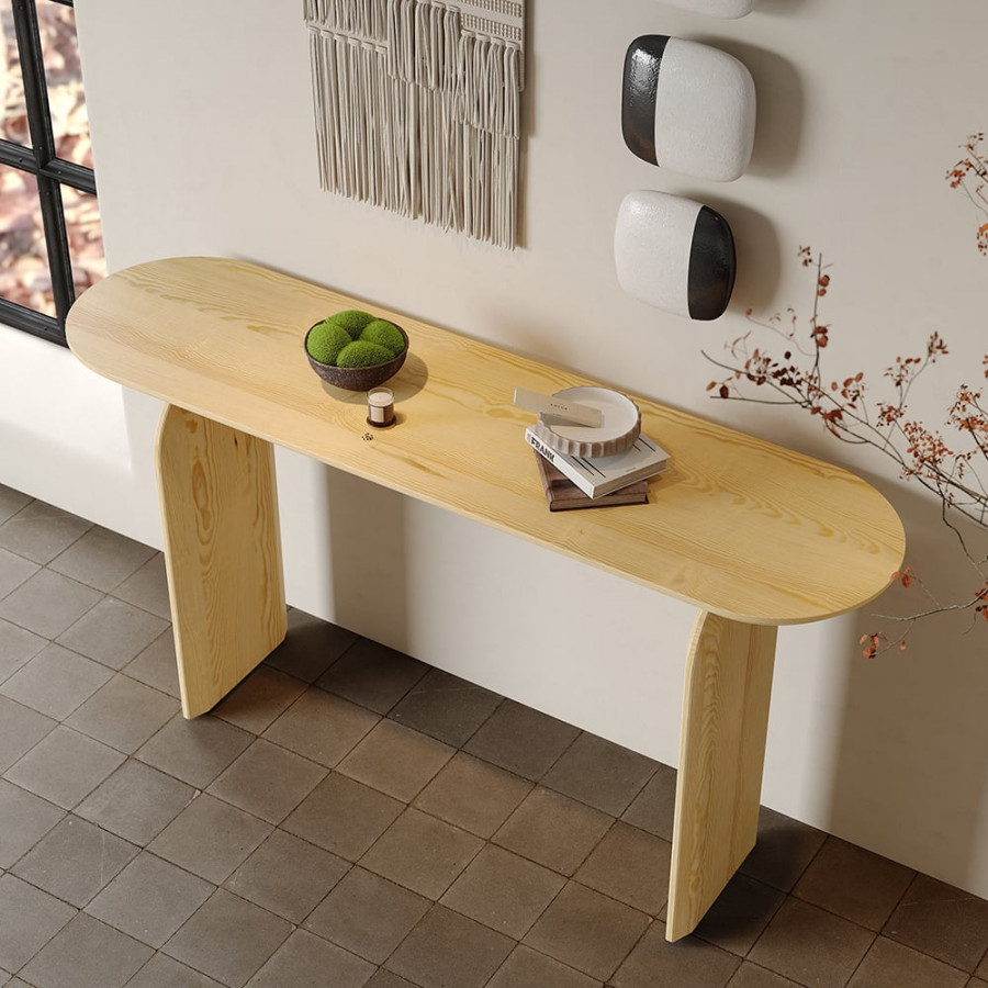 HMR - Tintica 59.1" Rustic Solid Wood Long Console Table Natural Entryway Table Pedestal Base