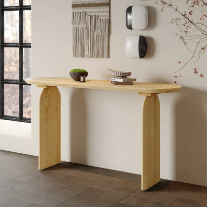 HMR - Tintica 59.1" Rustic Solid Wood Long Console Table Natural Entryway Table Pedestal Base
