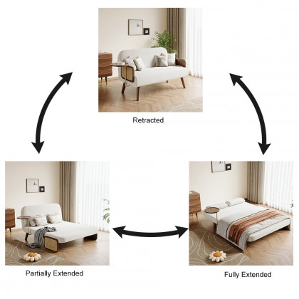 HMR Velvet & Rattan Sleeper Sofa with Tray - White, Full Size