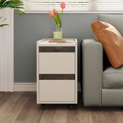 HMR - Narrow Side Table Skinny Thin End Table with Wheels 2 Drawer Glass Door Storage