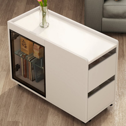 HMR - Narrow Side Table Skinny Thin End Table with Wheels 2 Drawer Glass Door Storage