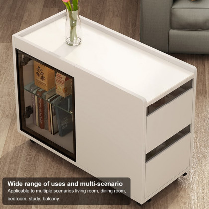 HMR - Narrow Side Table Skinny Thin End Table with Wheels 2 Drawer Glass Door Storage
