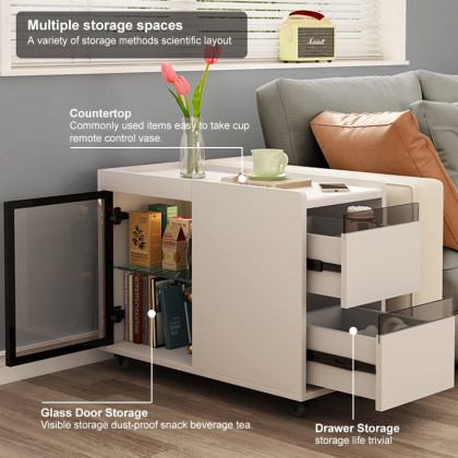 HMR - Narrow Side Table Skinny Thin End Table with Wheels 2 Drawer Glass Door Storage