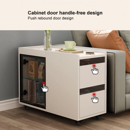 HMR - Narrow Side Table Skinny Thin End Table with Wheels 2 Drawer Glass Door Storage