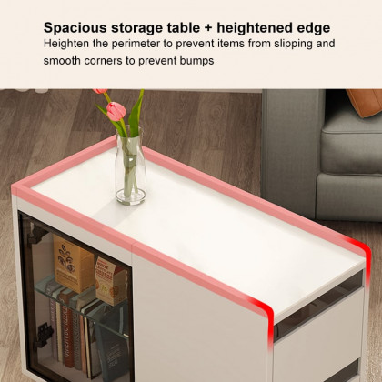 HMR - Narrow Side Table Skinny Thin End Table with Wheels 2 Drawer Glass Door Storage