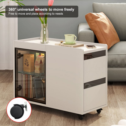 HMR - Narrow Side Table Skinny Thin End Table with Wheels 2 Drawer Glass Door Storage