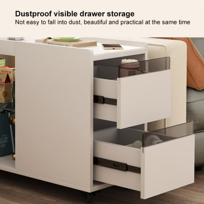 HMR - Narrow Side Table Skinny Thin End Table with Wheels 2 Drawer Glass Door Storage