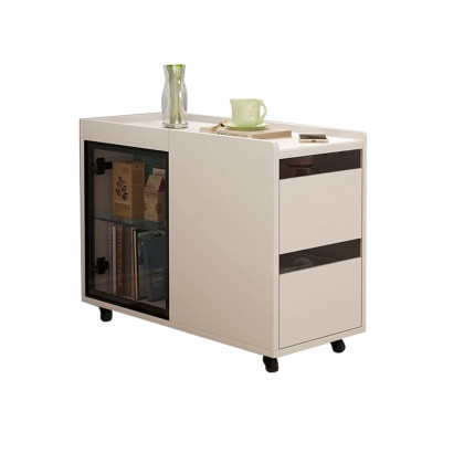 HMR - Narrow Side Table Skinny Thin End Table with Wheels 2 Drawer Glass Door Storage