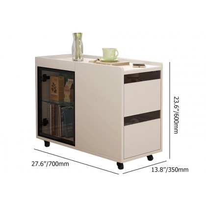 HMR - Narrow Side Table Skinny Thin End Table with Wheels 2 Drawer Glass Door Storage