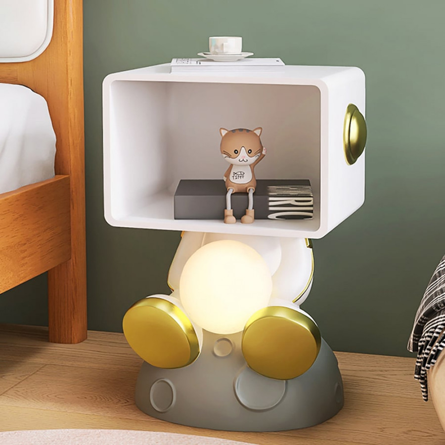 HMR - Modern White & Gold Bedroom Nightstand with Light & Open Storage