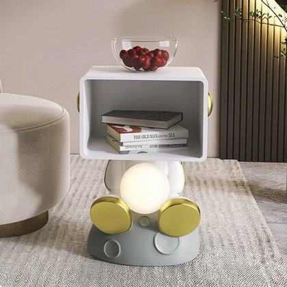HMR - Modern White & Gold Bedroom Nightstand with Light & Open Storage