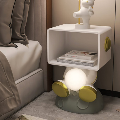 HMR - Modern White & Gold Bedroom Nightstand with Light & Open Storage