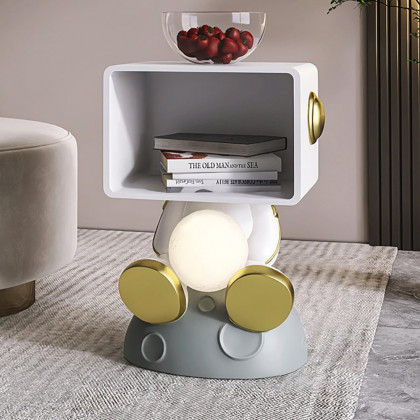 HMR - Modern White & Gold Bedroom Nightstand with Light & Open Storage