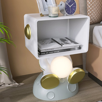 HMR - Modern White & Gold Bedroom Nightstand with Light & Open Storage