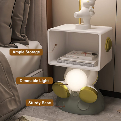 HMR - Modern White & Gold Bedroom Nightstand with Light & Open Storage