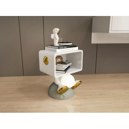 HMR - Modern White & Gold Bedroom Nightstand with Light & Open Storage