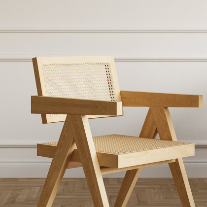 HMR Archic Japandi Bleached Wood Rattan Dining Chair with Solid Wood Frame - Natural, Without Upholstery, 4-Pieces
