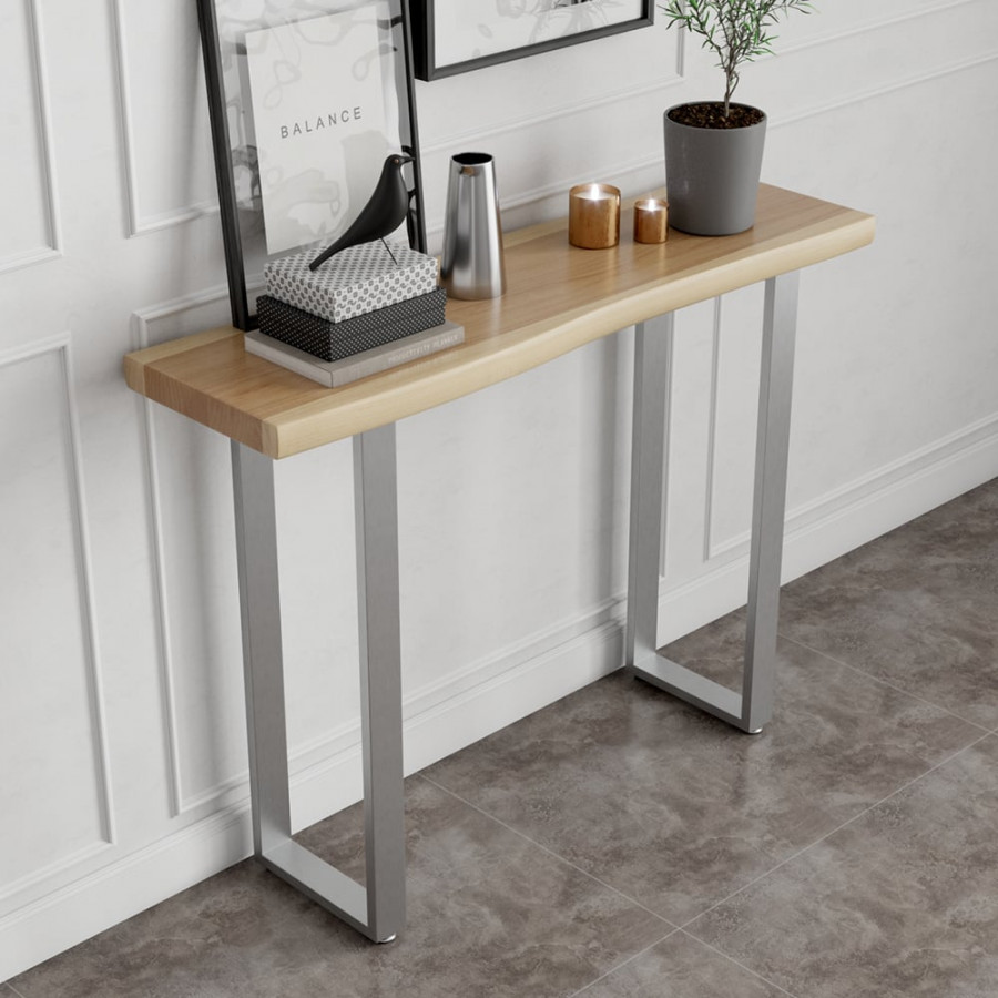 HMR - 39" Modern Natural & Silver Live Edge Console Table Wooden Top & Stainless Steel Base