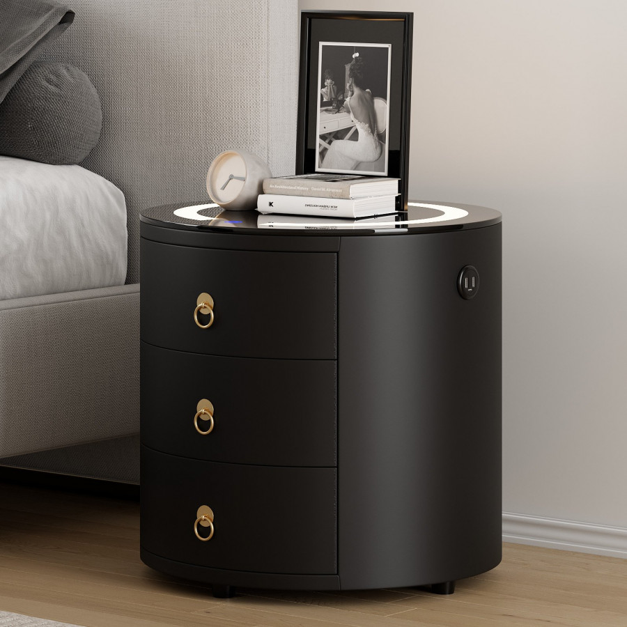 HMR Leather 3-Drawer Smart Nightstand with Light & Speaker - Black, Single